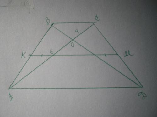 У трапеції АВСD АD || ВС, О – точка перетину діагоналей, АО = 6см, СО = 4см, середня лінія трапеції