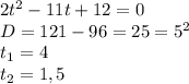 2t^2-11t+12=0\\D=121-96=25=5^2\\t_1=4\\t_2=1,5\\