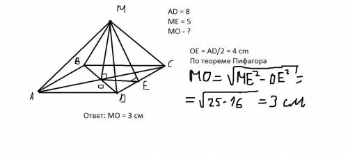 Точка М знаходиться поза площиною квадрата зі стороною 8 см і віддаленавід усіх його сторін на 5 см.