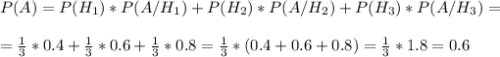 P(A)=P(H_1)*P(A/H_1)+P(H_2)*P(A/H_2)+P(H_3)*P(A/H_3)= \\ \\ =\frac{1}{3}*0.4+\frac{1}{3}*0.6+\frac{1}{3}*0.8=\frac{1}{3}*(0.4+0.6+0.8)=\frac{1}{3}*1.8=0.6