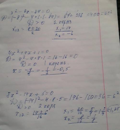 Знайди корені рівняння:а) -8x-84=0б)4+4x+1=0в)8-14x+5=0