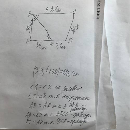Найдите периметр прямоугольника АВСD, если биссектриса ВM делит сторону AD на отрезки AM = 30 см и M