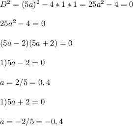 D^{2} = (5a)^{2} - 4 * 1* 1 = 25a^{2} - 4 = 0\\\\25a^{2} - 4 = 0\\\\(5a - 2)(5a+2) = 0\\\\1) 5a - 2 = 0\\\\a = 2/5 = 0,4\\\\1) 5a + 2 = 0\\\\a = -2/5 = -0,4\\