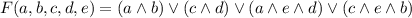 F(a, b, c, d, e) = (a \wedge b) \vee (c \wedge d) \vee (a \wedge e \wedge d) \vee (c \wedge e \wedge b)