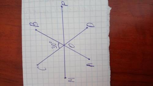 Прямые AB и CD пересекаются в точке O под углом в 30°. Прямая MP делит угол AOC пополам. Найдите ост