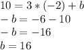 10=3*(-2)+b\\-b=-6-10\\-b=-16\\b=16