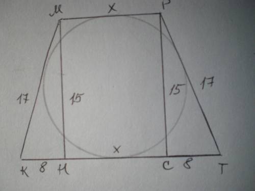 с заданием Висота рівнобічної трапеції 15 см, а бічна сторона 17 см. Знайти основи трапеції, якщо ві