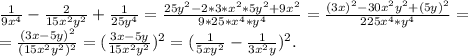 \frac{1}{9x^{4} } -\frac{2}{15x^{2}y^{2} } +\frac{1}{25y^{4} } =\frac{25y^{2} -2*3*x^{2}*5y^{2} +9x^{2} }{9*25*x^{4}*y^{4} } =\frac{(3x)^{2} -30x^{2}y^{2} +(5y)^{2} }{225x^{4}*y^{4} } = \\=\frac{(3x-5y)^{2} }{(15x^{2}y^{2})^{2} }=(\frac{3x-5y}{15x^{2} y^{2} })^{2} =(\frac{1}{5xy^{2} } -\frac{1}{3x^{2}y })^{2} .