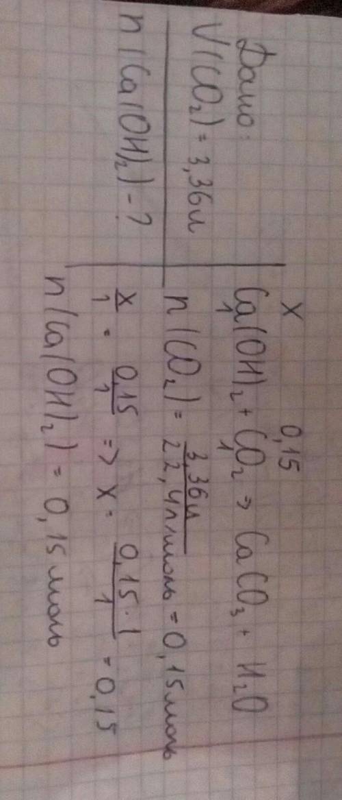 Обчісліть кількість речовини кальції гідрооксиду, яка прореагує з карбоном(4)оксид об'ємом 3,36л (н.
