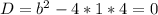 D=b^2-4*1*4=0\\