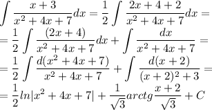 \displaystyle\int\frac{x+3}{x^2+4x+7}dx=\frac{1}{2}\int\frac{2x+4+2}{x^2+4x+7}dx=\\=\frac{1}{2}\int\frac{(2x+4)}{x^2+4x+7}dx+\int\frac{dx}{x^2+4x+7}=\\=\frac{1}{2}\int\frac{d(x^2+4x+7)}{x^2+4x+7}+\int\frac{d(x+2)}{(x+2)^2+3}=\\=\frac{1}{2}ln|x^2+4x+7|+\frac{1}{\sqrt3}arctg\frac{x+2}{\sqrt3}+C