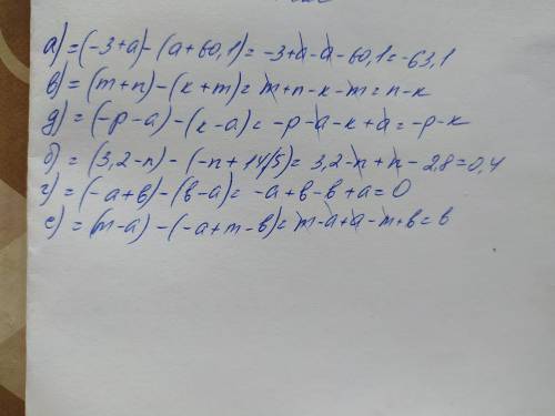 Напишите разность двух выражений и у ее: а) – 3 + a и a + 60,1; в) m+n и k + m ; д ) – p – a и k – a