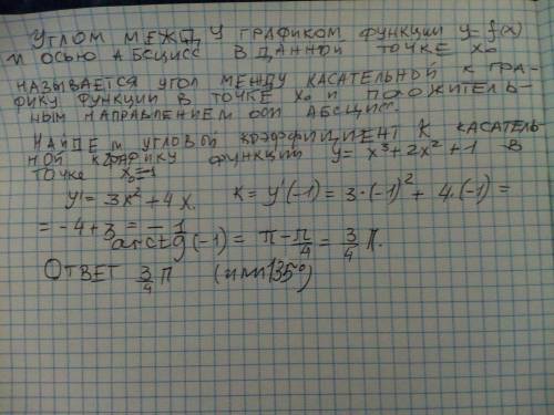 Знайдіть кут нахилу дотичної до графіка функції y=x^3+2x^2+1 в точці х0=-1 з вісю абсцис