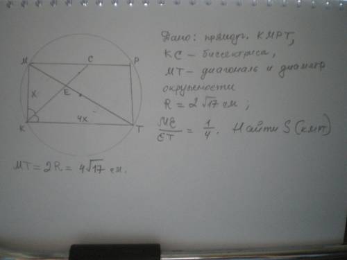ЗАВТРА СДАВАТЬ ! Биссектриса угла прямоугольника делит его диагональ в отношении 1: 4, а радиус опис