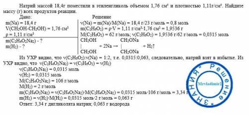 Натрий массой 18,4г поместили в этиленгликоль объемом 1,76 см³ и плотностью 1,11г/см³. Найдите массу