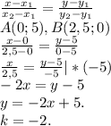 \frac{x-x_{1} }{x_{2}-x_{1} }=\frac{y-y_{1} }{y_{2} -y_{1} } \\A(0;5),B(2,5;0)\\\frac{x-0}{2,5-0} =\frac{y-5}{0-5} \\\frac{x}{2,5}=\frac{y-5}{-5} |*(-5)\\-2x=y-5\\y=-2x+5.\\k=-2.