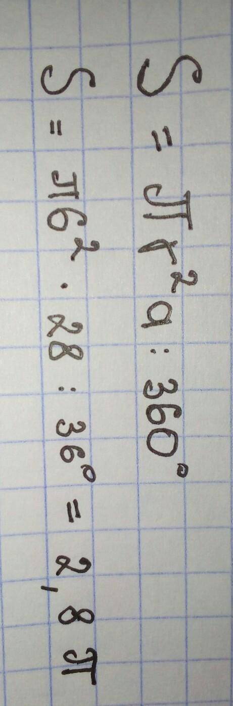 Знайти площу сектора круга, радіус якого 6см, якщо його відповідний центральний кут дорівнює 28◦