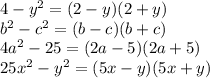 4-y^{2} =(2-y)(2+y)\\ b^{2}-c^{2}=(b-c)(b+c)\\ 4a^{2}-25=(2a-5)(2a+5)\\ 25x^{2}-y^{2}=(5x-y)(5x+y)\\