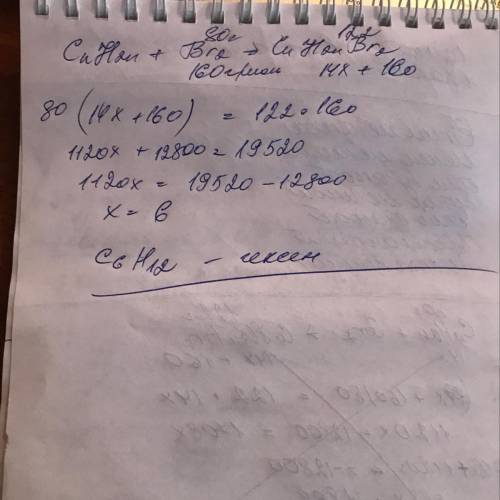 Унаслідок приєднання брому масою 80 г до алкену утворивсяпродукт реакції масою 122 г.Виведіть молеку