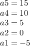 a5 = 15\\a4 = 10\\a3 = 5\\a2 = 0\\a1 = -5