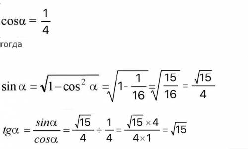 Знайдіть sin ⁡α та tg α, якщо cos α = 1/4​