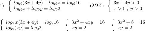 1)\; \; \left\{\begin{array}{l}log_9(3x+4y)+log_9x=log_916\\log_9x+log_9y=log_92\end{array}\right\; \; \; \; ODZ:\; \left\{\begin{array}{l}3x+4y0\\x0\; ,\; y0\end{array}\right\\\\\\\left\{\begin{array}{l}log_9\, x(3x+4y)=log_916\\log_9(xy)=log_92\end{array}\right\; \; \left\{\begin{array}{l}3x^2+4xy=16\\xy=2\end{array}\right\; \; \left\{\begin{array}{l}3x^2+8=16\\xy=2\end{array}\right