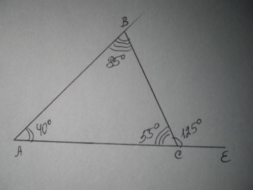 Один із внутрішніх кутів трикутника 40°, а один із зовнішніх 125°. Знайти решту внутрішніх кутів.
