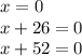 x=0\\x+26=0\\x+52=0