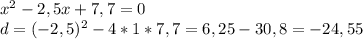 x^2-2,5x+7,7=0\\d=(-2,5)^2-4*1*7,7=6,25-30,8=-24,55