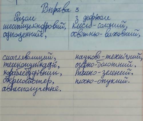 Запишіть слова у дві колонки: 1) разом; 2) з дефісом. Шести/циліндровий, одно/денний, кисло/солоний,