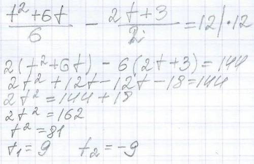 При яких значеннях t виконується рівність t²+6t/6 - 2t+3/2 = 12?​