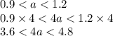 0.9 < a < 1.2 \\ 0.9 \times 4 < 4a < 1.2 \times 4 \\ 3.6 < 4a < 4.8