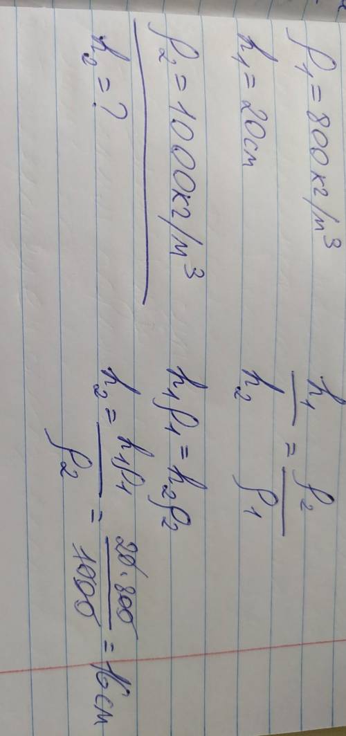 В одно колено сообщающихся сосудов налили вазелиновое масло (ρ=800 кг/м3 ). Высота столба получилась