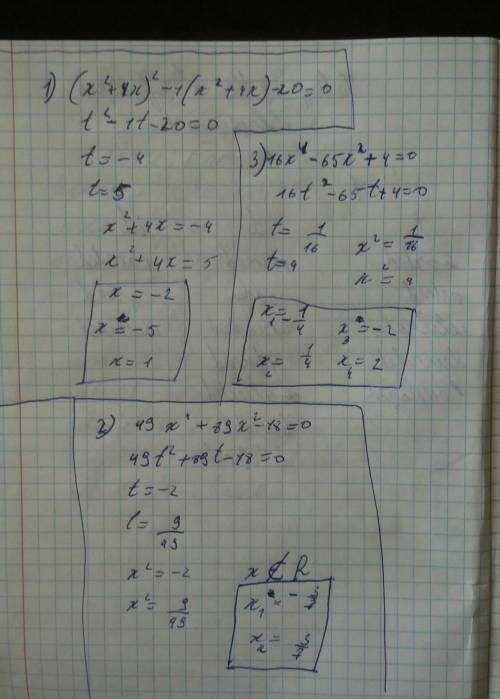 Решите уравнения: 1)(x²+4x)²-1(x²+4x)-20=0 2)49x⁴+89x²-18=0 3)16x⁴-65x²+4=0