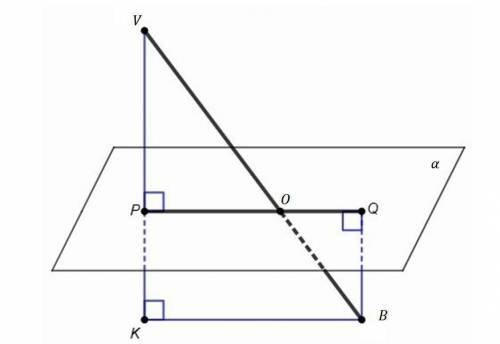 Длина отрезка VB равна 10√3 м. Он пересекает плоскость в точке O. Расстояние от концов отрезка до пл