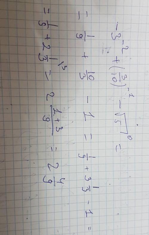 Найдите значение выражения (-3)^-2+0,3^-1-(корень 5)^0.​