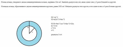 Будь ласка, до ть, ів. Площа кільця, утвореного двома концентричнимим колами, дорівнює 32п см². Знай
