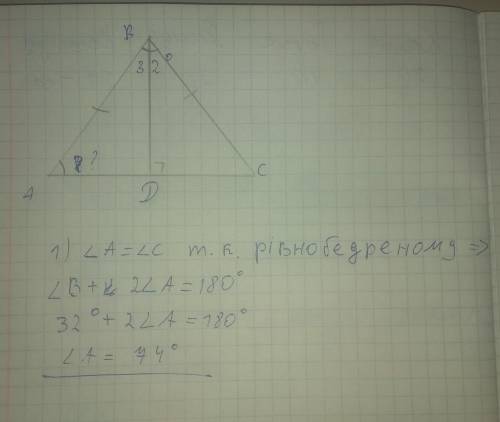У рівнобедреному трикутнику АВС з основою АС проведено висоту Bd. кут АВС =32°. знайдіть величину ку