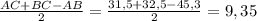 \frac{AC+BC-AB}{2} = \frac{31,5+32,5-45,3}{2} = 9,35