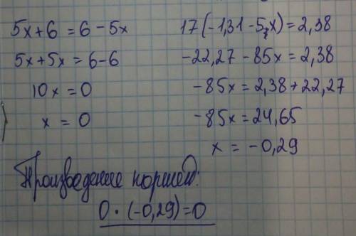 Найдите произведение кореней уравнений 5х+6 = 6 - 5х и 17 (-1,31-5x) = 2,38