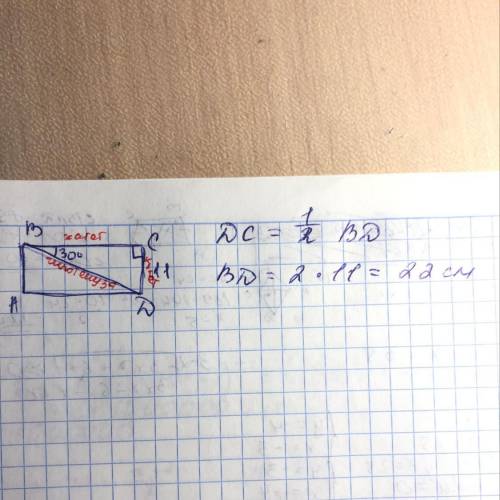 Диагональ BD прямоугольника ABCD со стороной BC образует угол в 30°. Вычисли диагональ BD, если стор