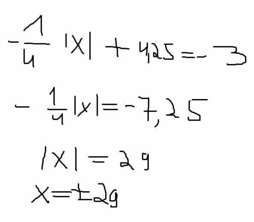Реши уравнение: −1\4⋅|x|+4,25=−3. ответ: x1=x2= (первым запиши меньшее число).