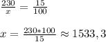 \frac{230}{x}=\frac{15}{100}\\ \\ x=\frac{230*100}{15} \approx 1533,3