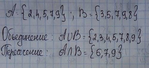 Найдите обьединение и пересечение множеств А и В если А= { 2, 4 , 5, 7, 9} и В= { 3, 5, 7, 8, 9}или