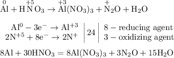 \mathrm{\overset{0}{Al} + H \overset{+5}{N} O_3 \to \overset{+3}{Al} (NO_3)_3 + \overset{+}{N}_2O + H_2O} \\\\\left.\begin{array}{r}\mathrm{Al^{0} -3e^{-} \to Al^{+3}} \\\mathrm{2N^{+5} +8e^{-} \to 2N^{+}}\end{array}\right|24\left|\begin{array}{l}\mathrm{8 - reducing\;agent} \\\mathrm{3 - oxidizing\;agent}\end{array}\right. \\\\\mathrm{8Al + 30HNO_3 = 8Al(NO_3)_3 + 3N_2O + 15H_2O}