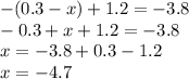 -(0.3-x)+1.2=-3.8\\-0.3+x+1.2=-3.8\\x=-3.8+0.3-1.2\\x=-4.7