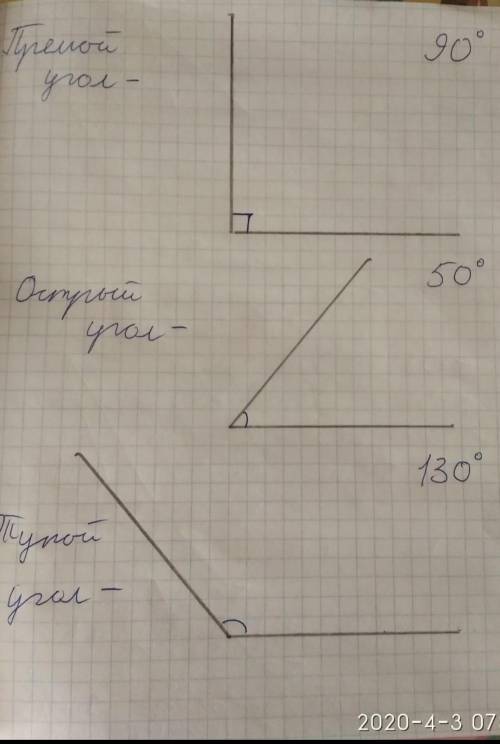 Начертите три угла: первый равный 90°, второй меньше первого на 40°, а третий на 40° градусов больше