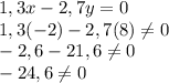 1,3x-2,7y=0\\1,3(-2)-2,7(8)\neq 0\\-2,6-21,6\neq 0\\-24,6\neq 0