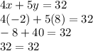 4x+5y=32\\4(-2)+5(8)=32\\-8+40=32\\32=32\\