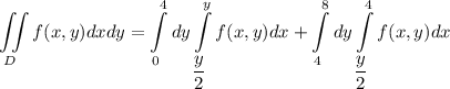 \displaystyle\iint\limits_Df(x,y)dxdy=\int\limits^4_0 dy\int\limits^{y}_{\displaystyle\frac{y}{2}} f(x,y)dx+\int\limits^8_4 dy\int\limits^{4}_{\displaystyle\frac{y}{2}} f(x,y)dx